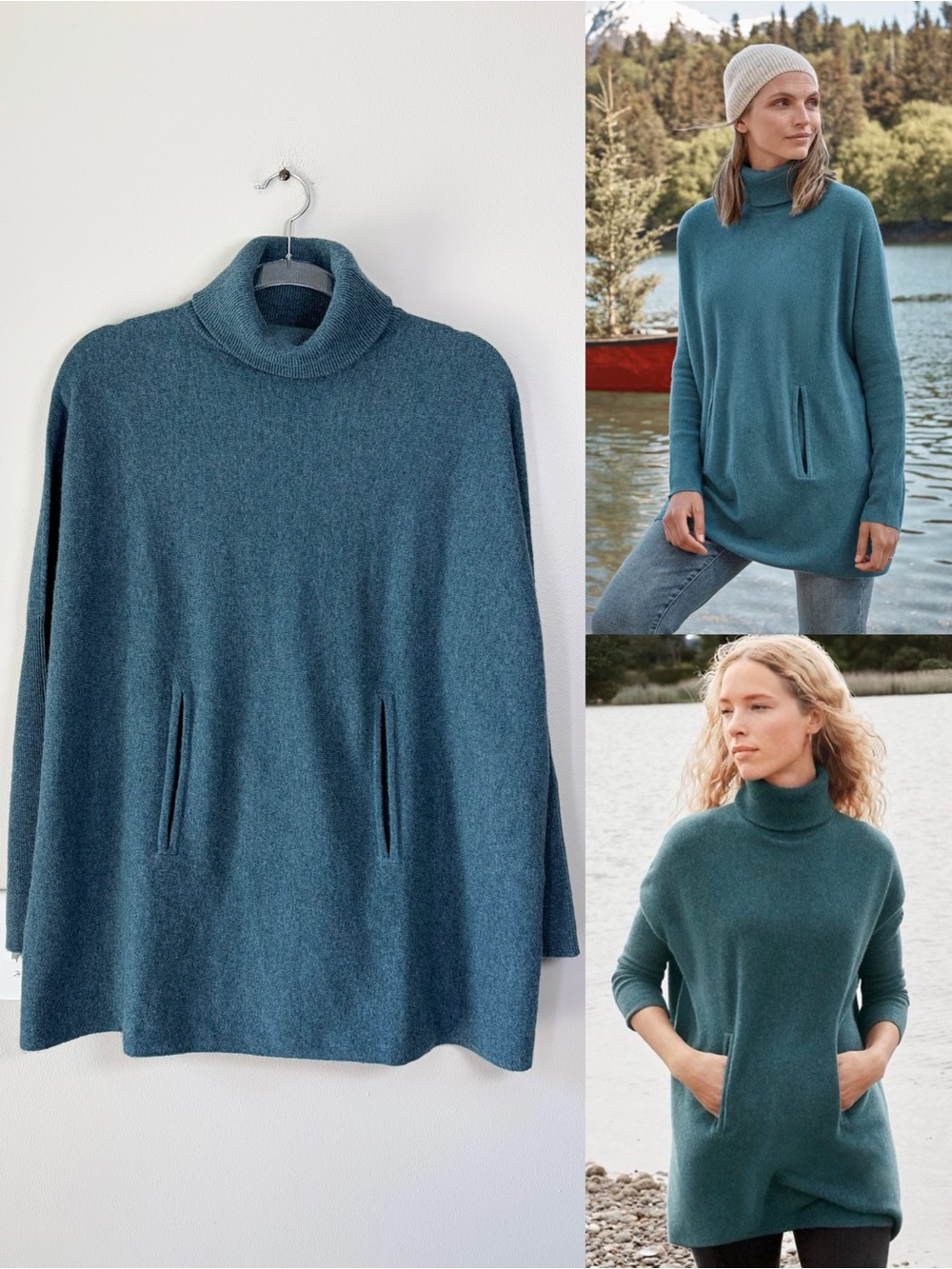 Garnet Hill Wool Cashmere Blend Teal Haze Oversized Turtleneck Sweater